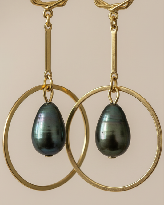 Gold Hoop Drop Pearl Earrings