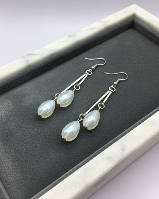 Silver Twin Pearl Drop Earrings