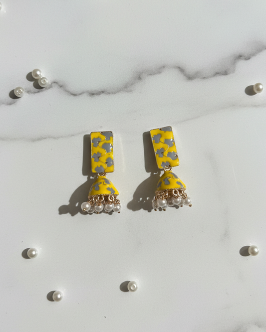 Yellow Enamel Pearl Jhumka Earrings