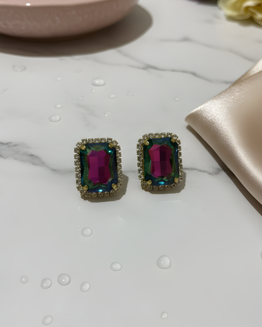 Emerald-Pink Crystal Halo Stud Earrings