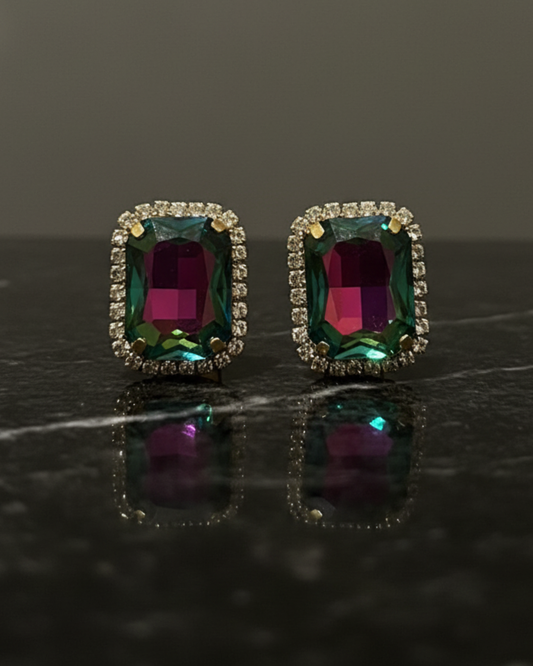 Emerald-Pink Crystal Halo Stud Earrings